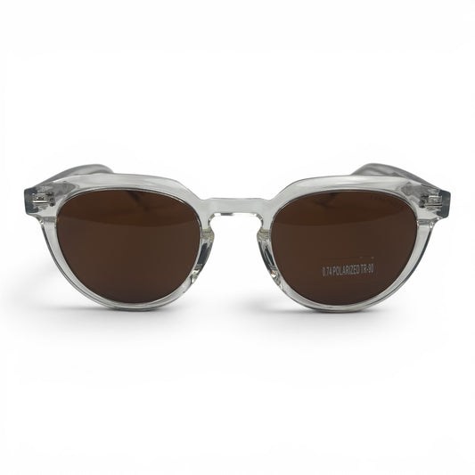 U&EYE The Nomad keyhole round polarized sunglasses in Crystal Clear and Brown — front view