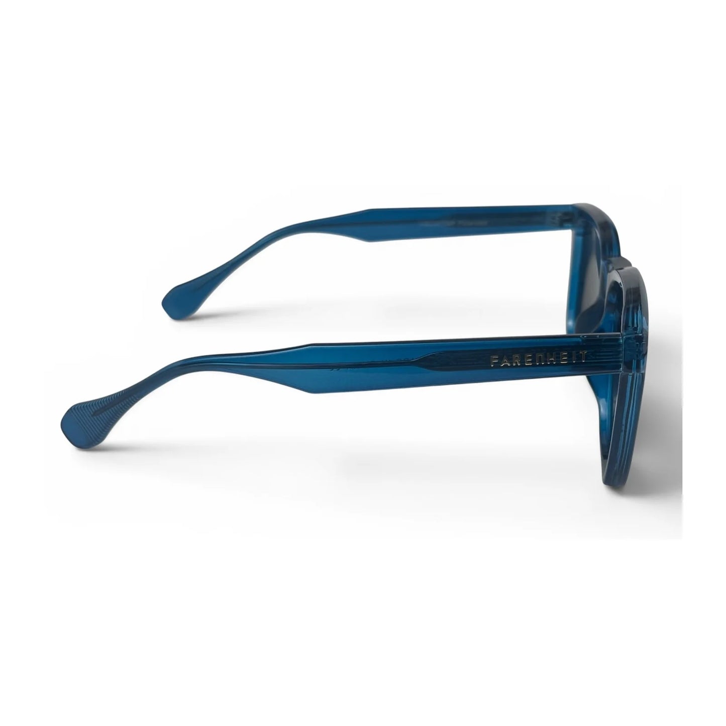 The Veyra bold rectangle sunglasses in Transparent Blue and Dark Gray, side profile view
