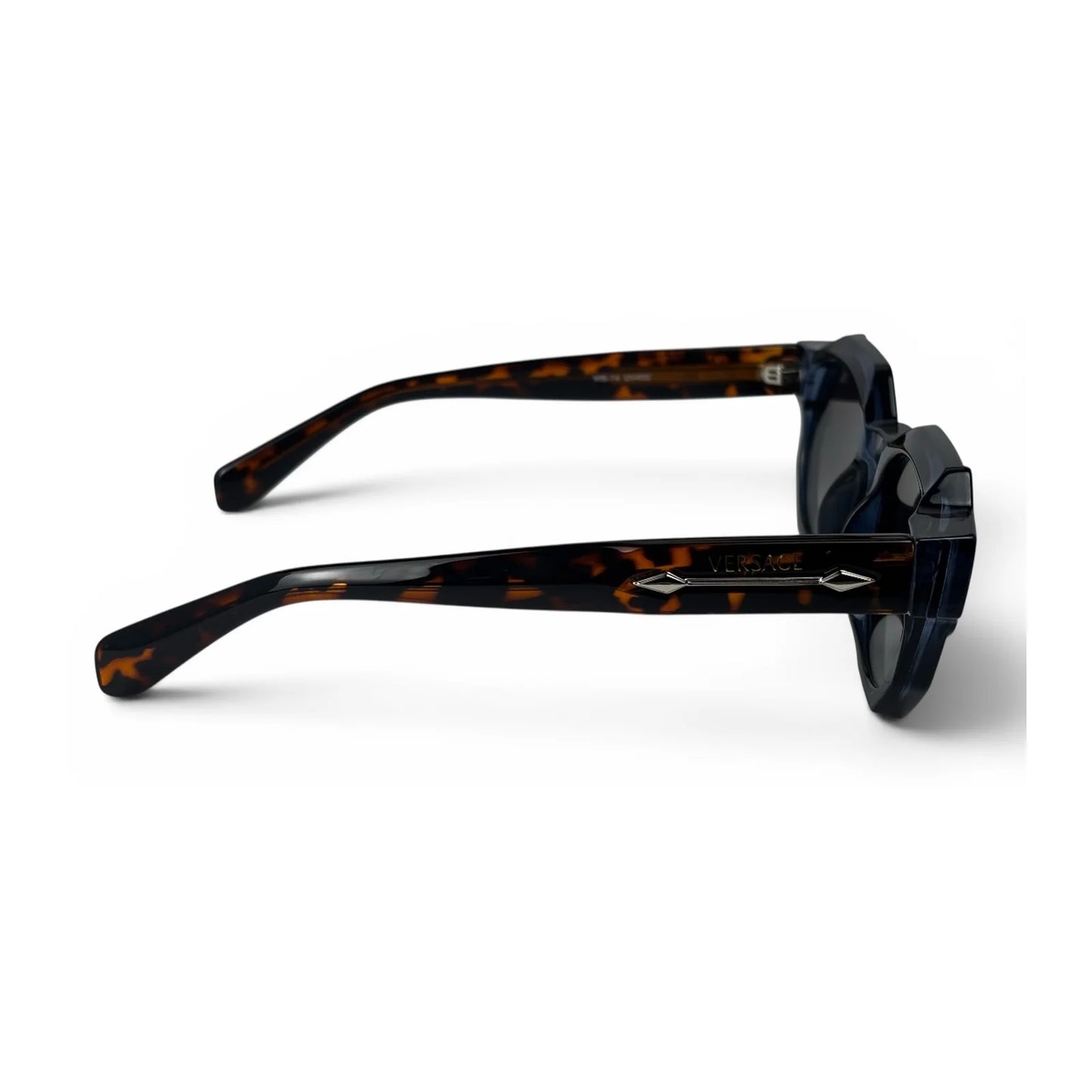 Navy chunky octagon sunglasses with tortoise temples, side view