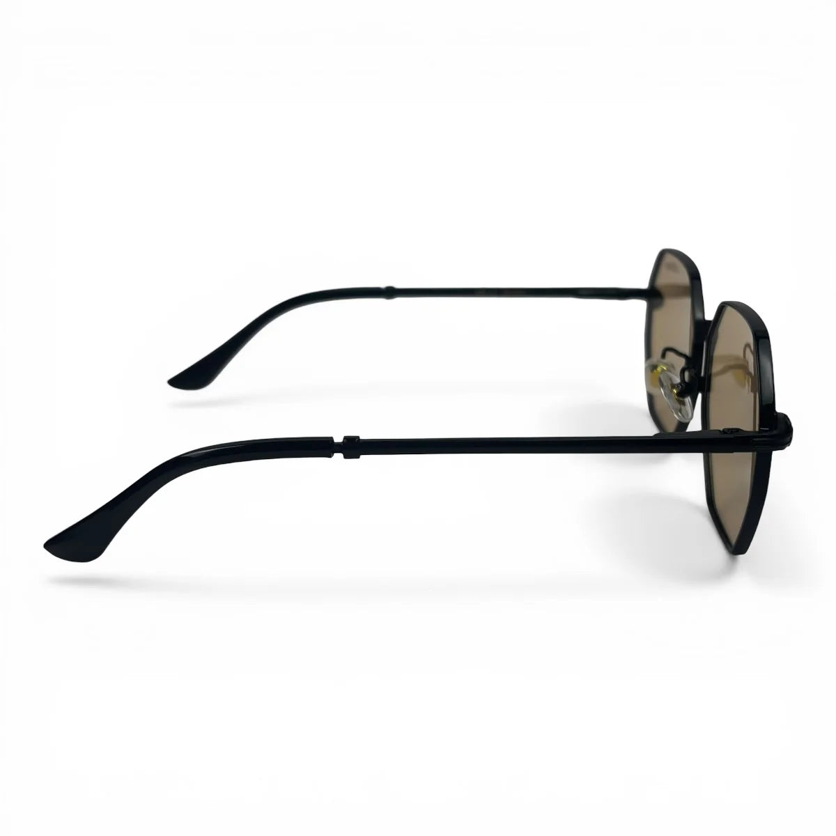 The Facet geometric rimless sunglasses in black and gold with champagne lenses, side profile view