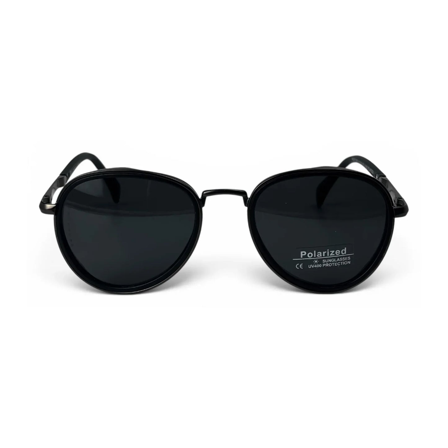 The Lumen round sunglasses in black with black lenses, straight front view