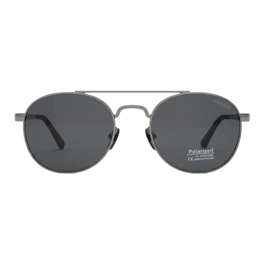 Sunglasses with dark lenses and metal frame on a white background