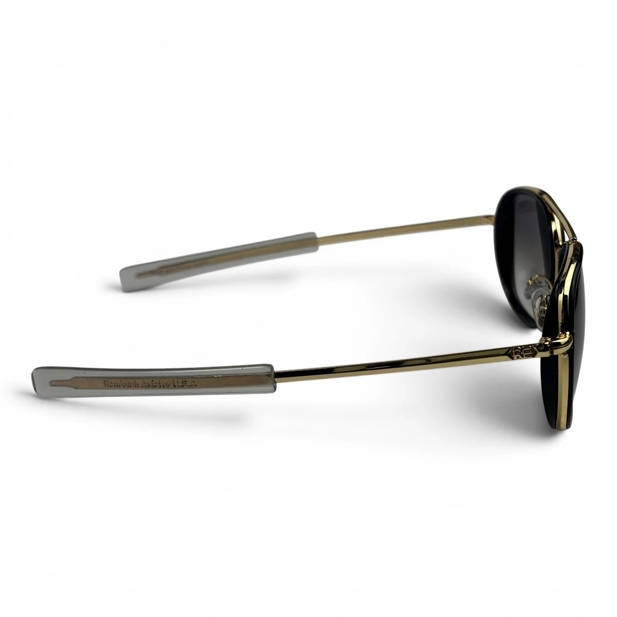 The Rayan Metal Rectangle sunglasses in Black with Blue Gradient lenses, side profile view
