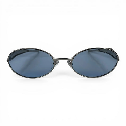 The Aveline oval sunglasses in silver with blue lenses, straight front view