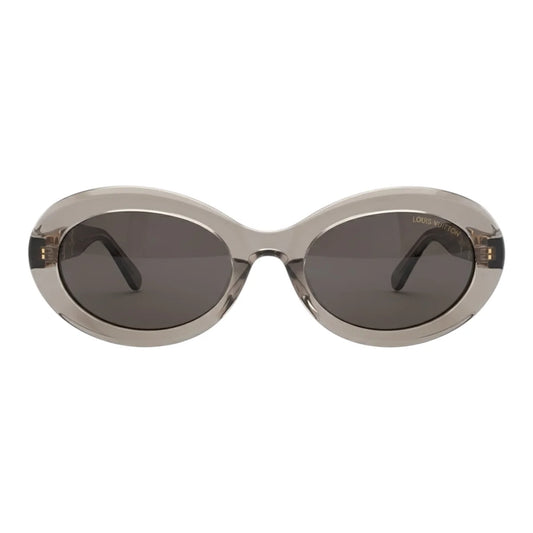 Sunglasses with oval frame and dark lenses on a white background