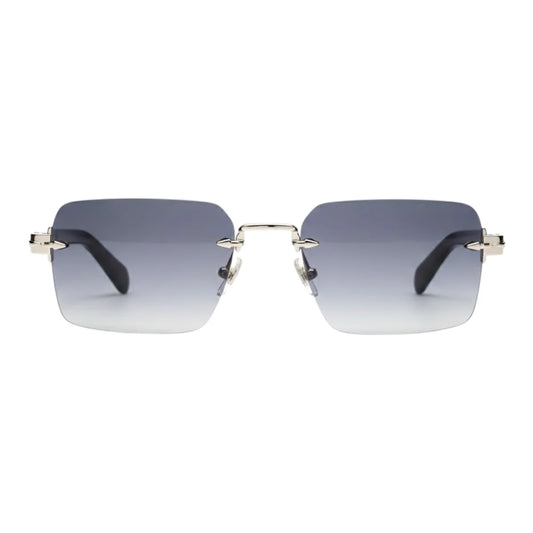 Sunglasses with gradient lenses and thin frames on a white background