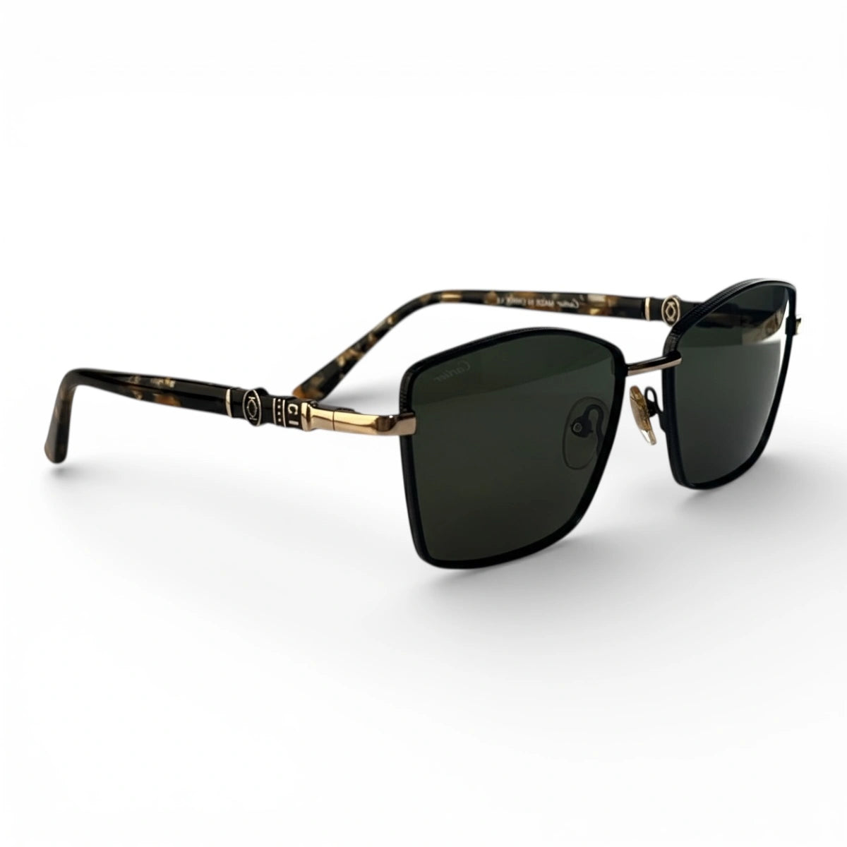 The ‘Regent’ Geometric Sunglasses | Black & Gold / Dark Green mirrored right-facing angle