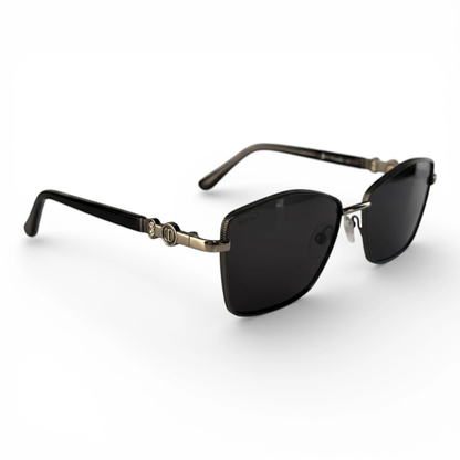 The ‘Regent’ Geometric Sunglasses | Black & Silver / Smoke mirrored right-facing angle