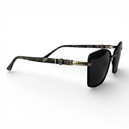 The ‘Regent’ Geometric Sunglasses | Black & Silver / Grey Marble mirrored right-facing angle