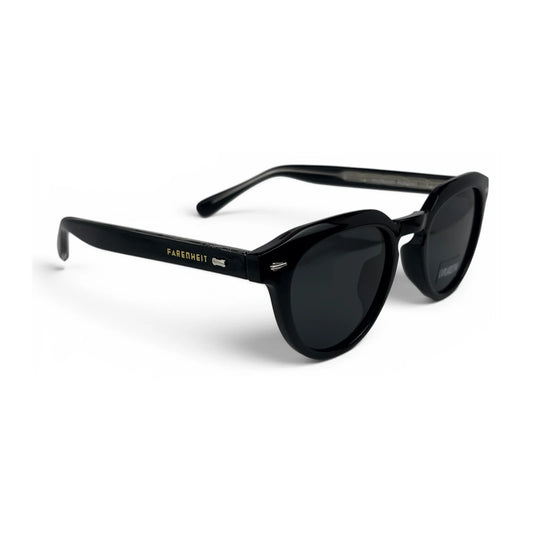U&EYE The Nomad keyhole round polarized sunglasses in Polished Black and Dark Grey — angled view