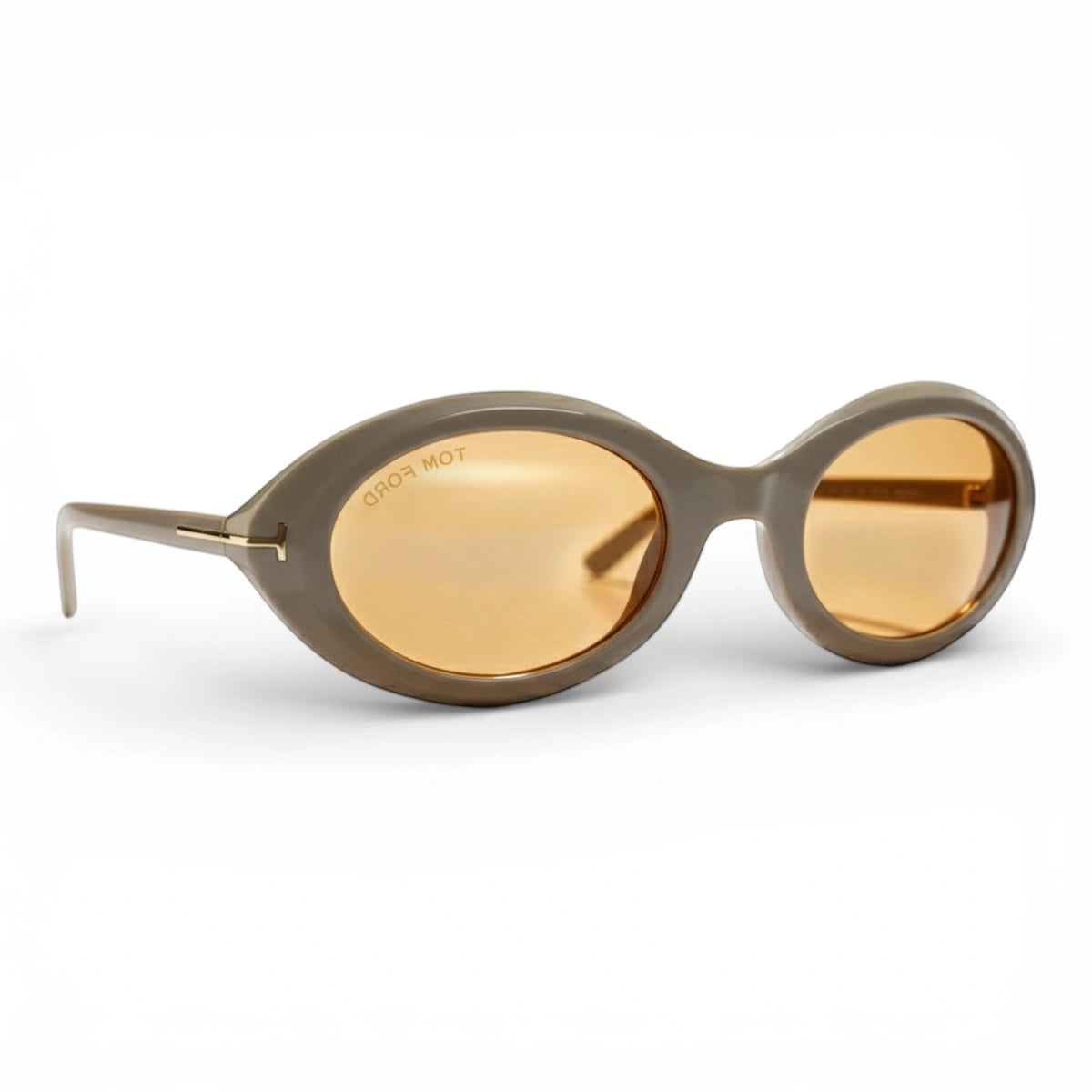 The ‘Orbit’ Oval Sunglasses | Taupe / Amber Yellow mirrored right-facing angle