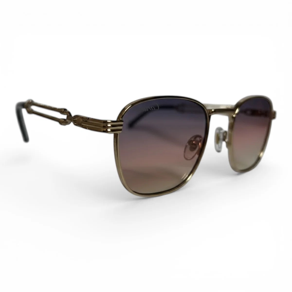 The ‘Mounir’ Rectangle Sunglasses | Gradient Pink & Gold mirrored right-facing angle