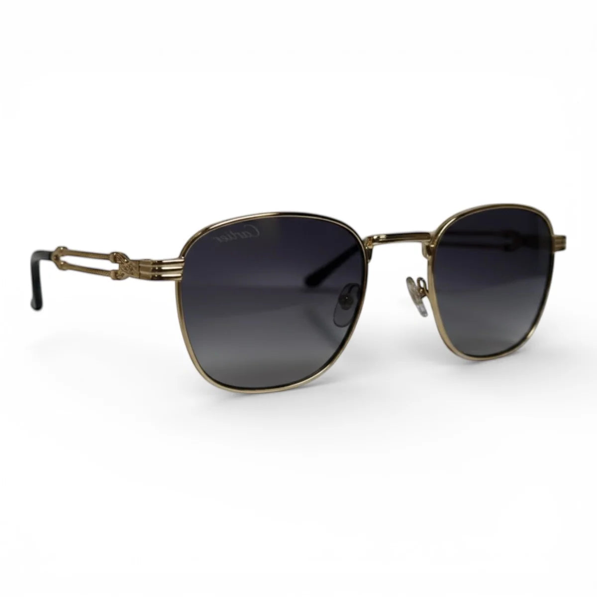 The ‘Mounir’ Rectangle Sunglasses | Gold & Dark mirrored right-facing angle