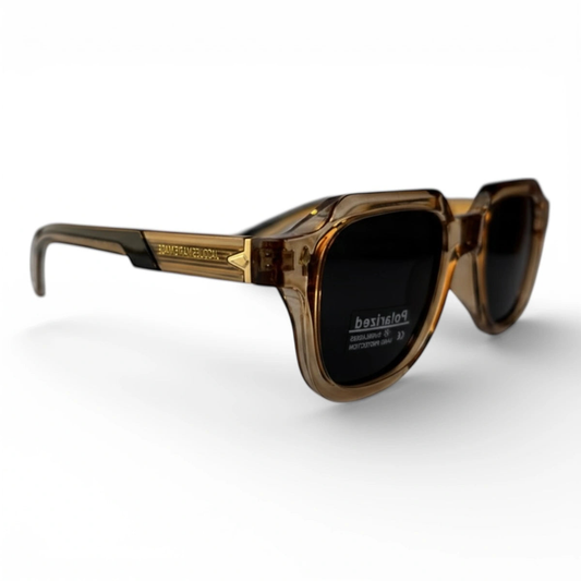 The ‘Magnus’ Rectangle Sunglasses | Champagne Crystal mirrored right-facing angle