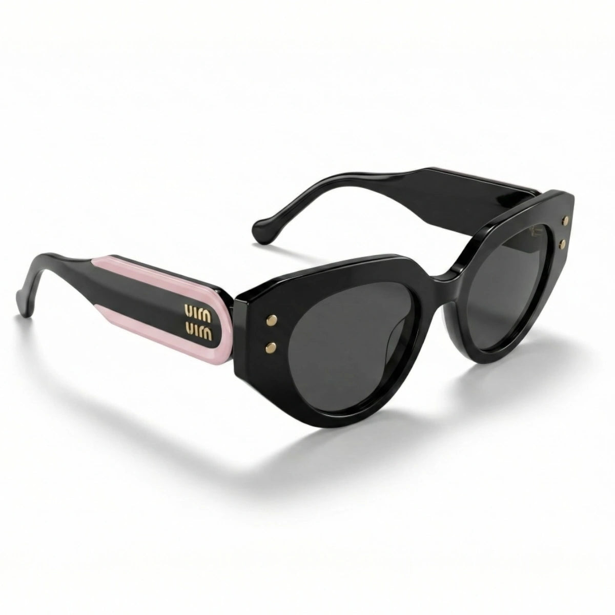 The ‘Muse’ Geometric Sunglasses | Black & Pink mirrored right-facing angle
