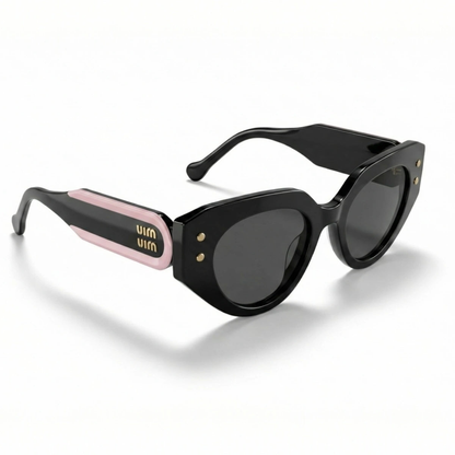 The ‘Muse’ Geometric Sunglasses | Black & Pink mirrored right-facing angle