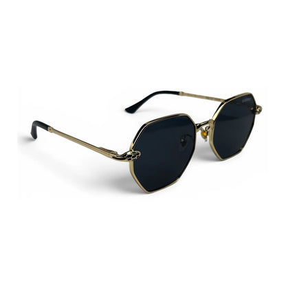 The Facet geometric rimless sunglasses in gold and black with black lenses, angled view
