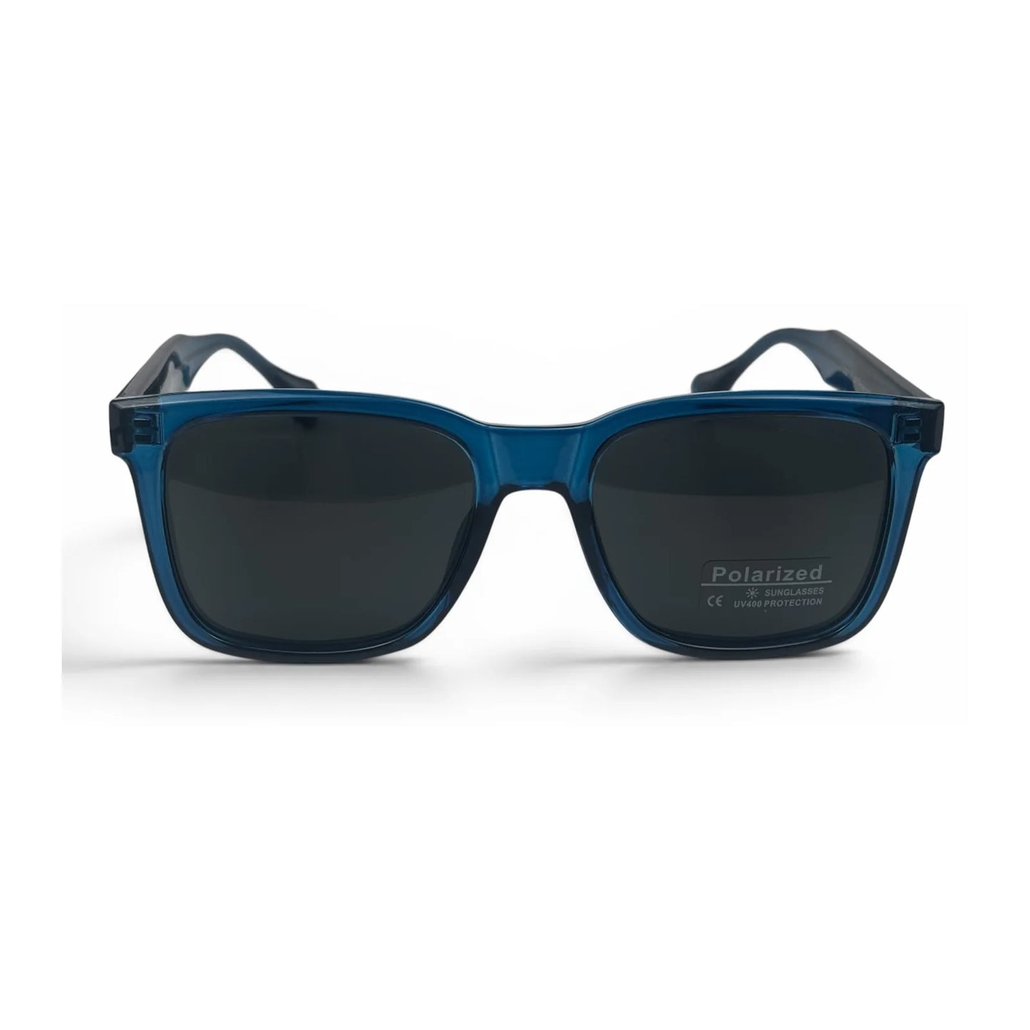 The Veyra bold rectangle sunglasses in Transparent Blue and Dark Gray, straight front view