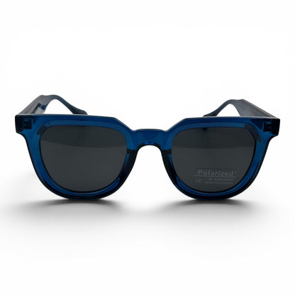 Blue Roux chunky square sunglasses with black lenses, detail view