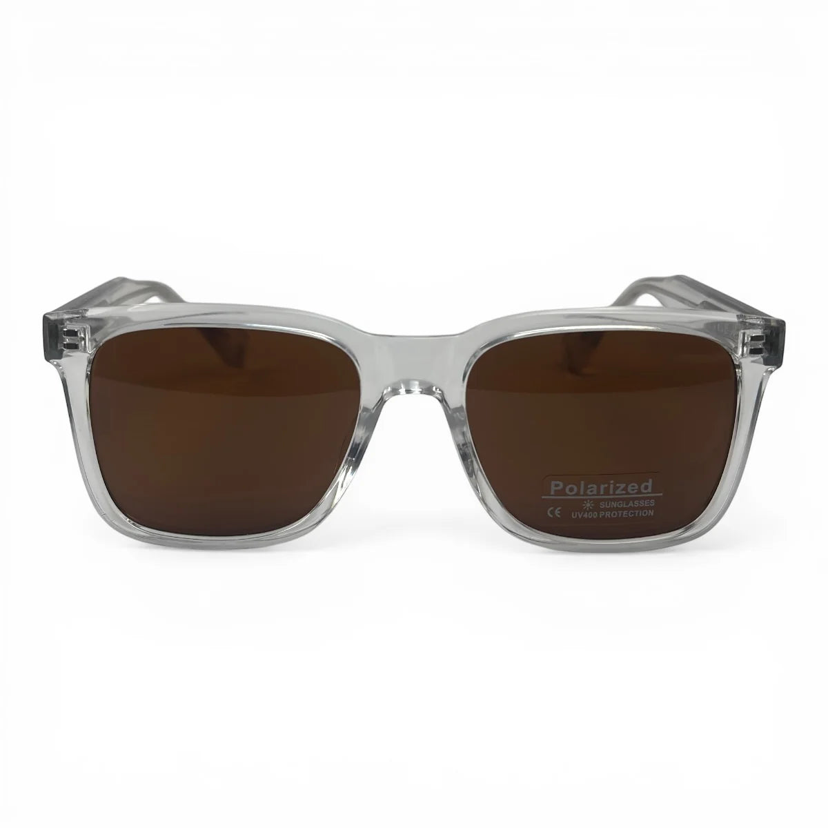 The Veyra bold rectangle sunglasses in Clear and Brown, straight front view