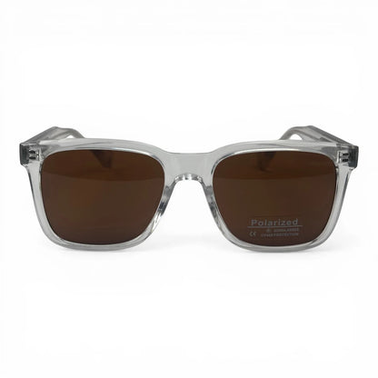 The Veyra bold rectangle sunglasses in Clear and Brown, straight front view