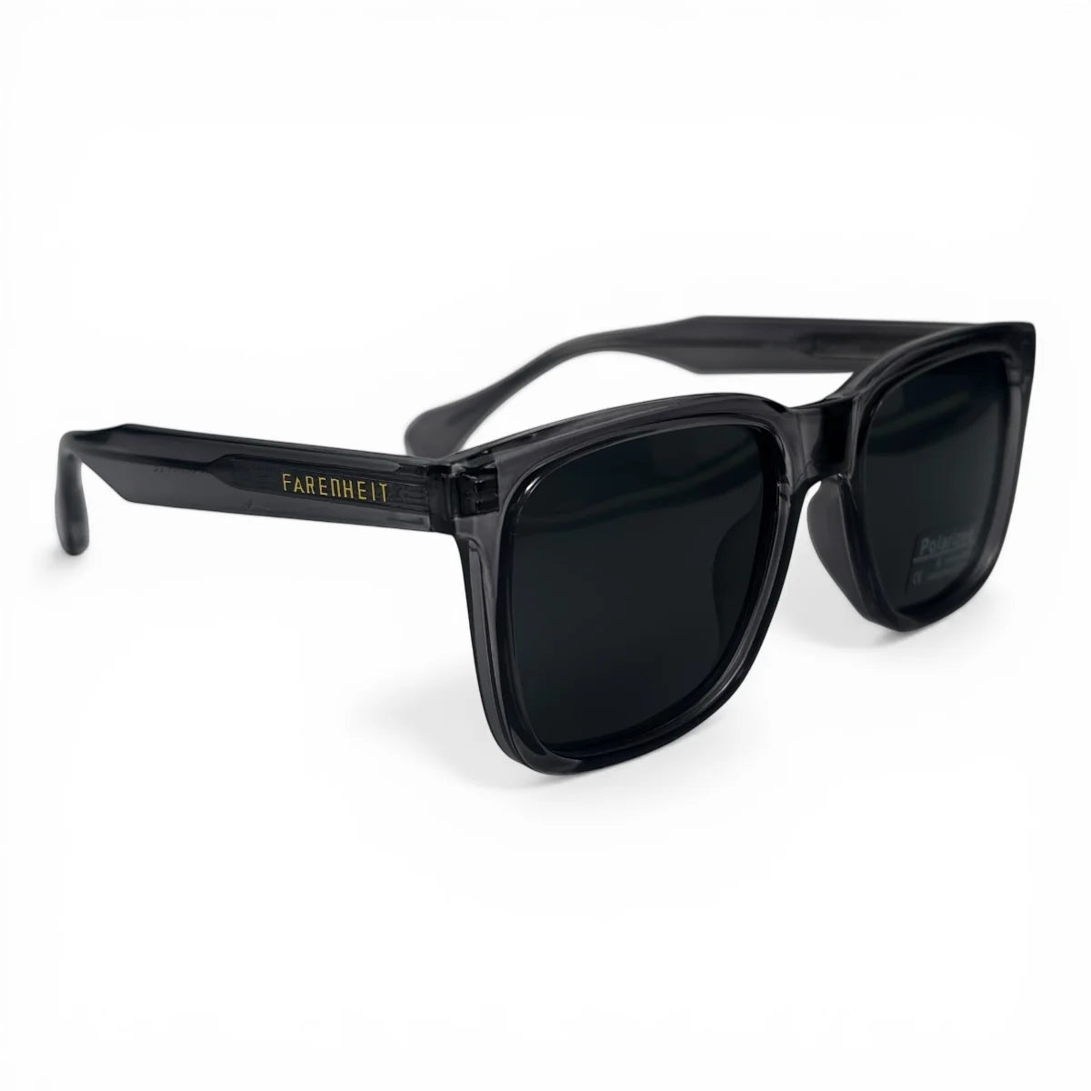 The Veyra bold rectangle sunglasses in Charcoal and Dark Gray, angled three-quarter view