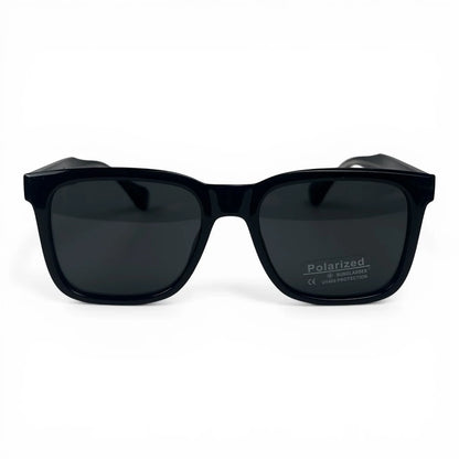 The Veyra bold rectangle sunglasses in Black and Dark Gray, straight front view