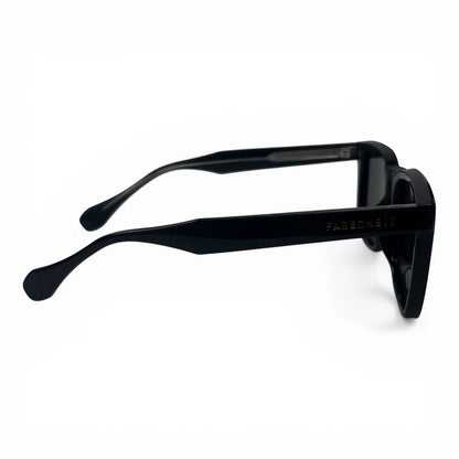 The Veyra bold rectangle sunglasses in Black and Dark Gray, side profile view