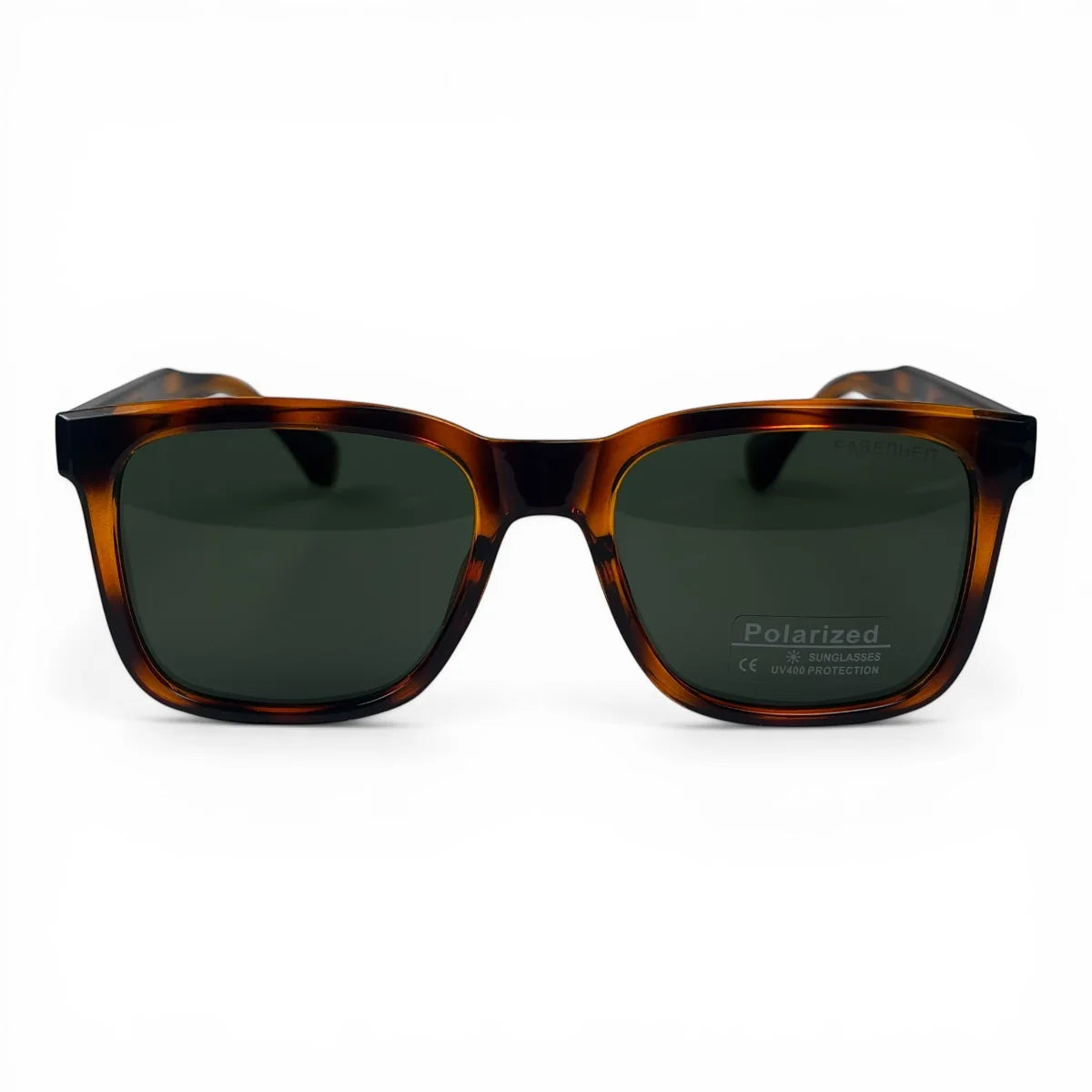 The Veyra bold rectangle sunglasses in Tortoise and Green, straight front view