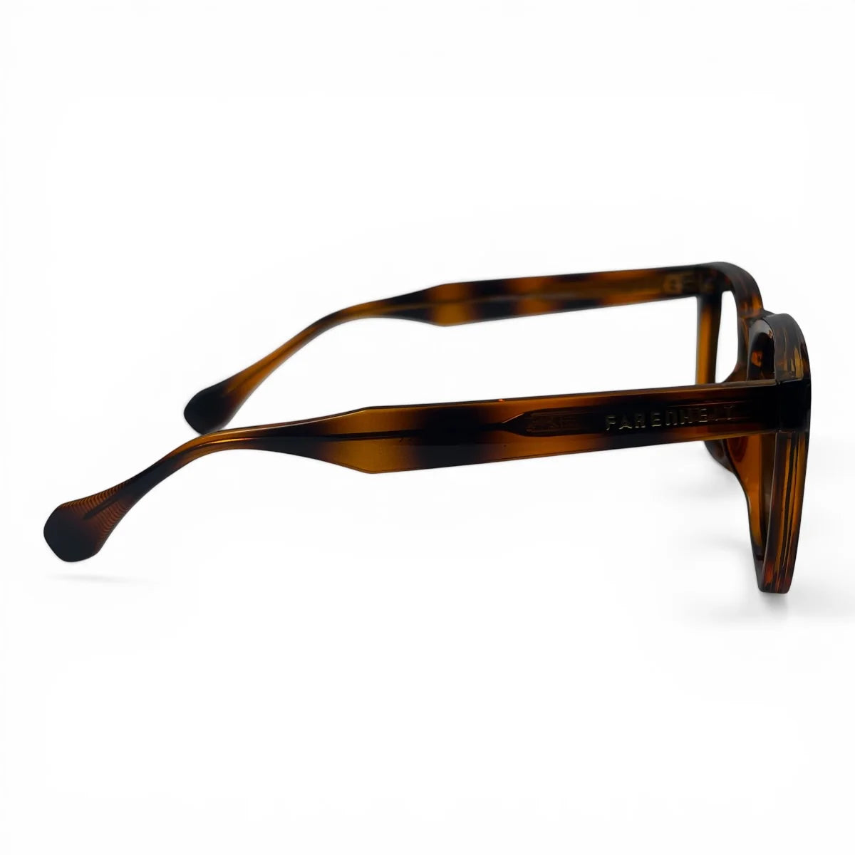 The Veyra bold rectangle sunglasses in Tortoise and Green, side profile view
