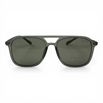 The Kairo keyhole rectangle sunglasses in Olive Transparent and Green Gray, straight front view