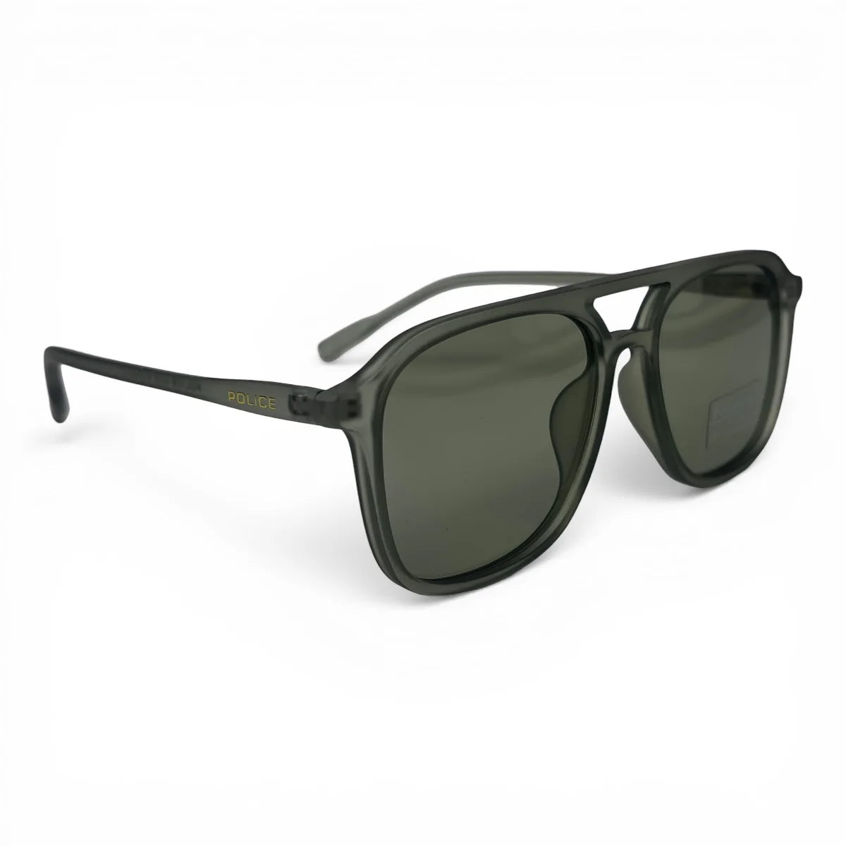 The Kairo keyhole rectangle sunglasses in Olive Transparent and Green Gray, angled three-quarter view