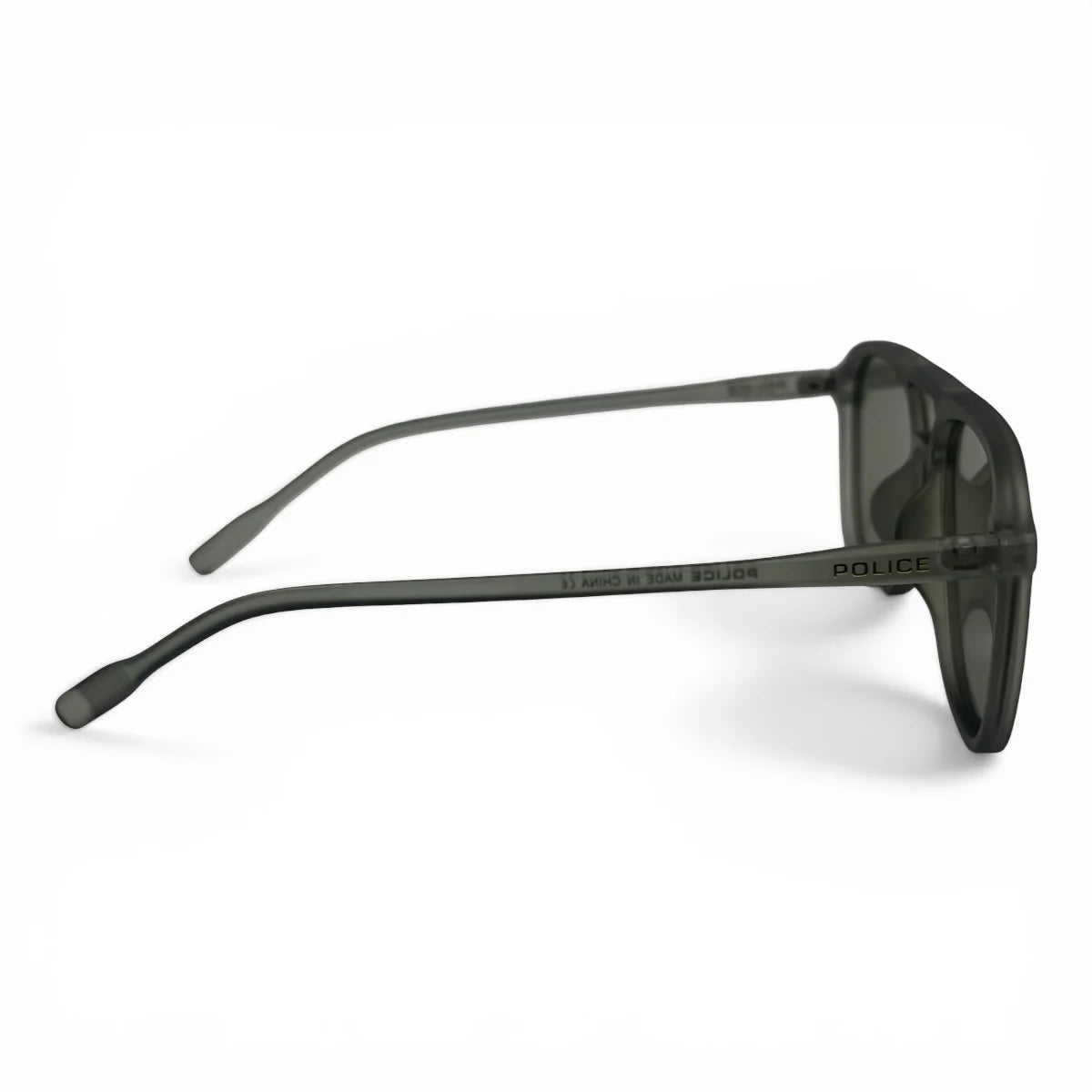 The Kairo keyhole rectangle sunglasses in Olive Transparent and Green Gray, side profile view