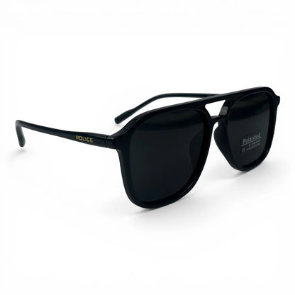 The Kairo keyhole rectangle sunglasses in Black and Dark Gray, angled three-quarter view