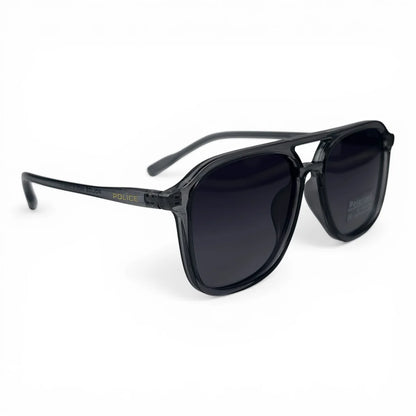 The Kairo keyhole rectangle sunglasses in Transparent Gray and Purple Gradient, angled three-quarter view