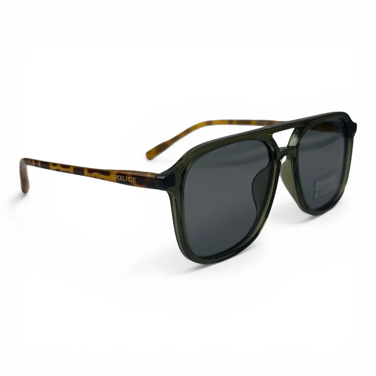 The Kairo keyhole rectangle sunglasses in Tortoise Olive and Gray, angled three-quarter view