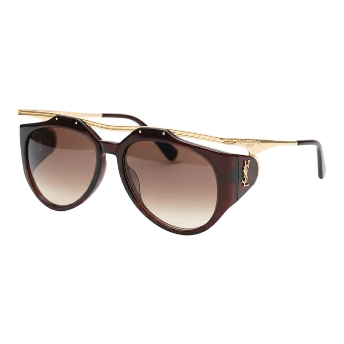Sunglasses with gold frame and brown gradient lenses on a white background