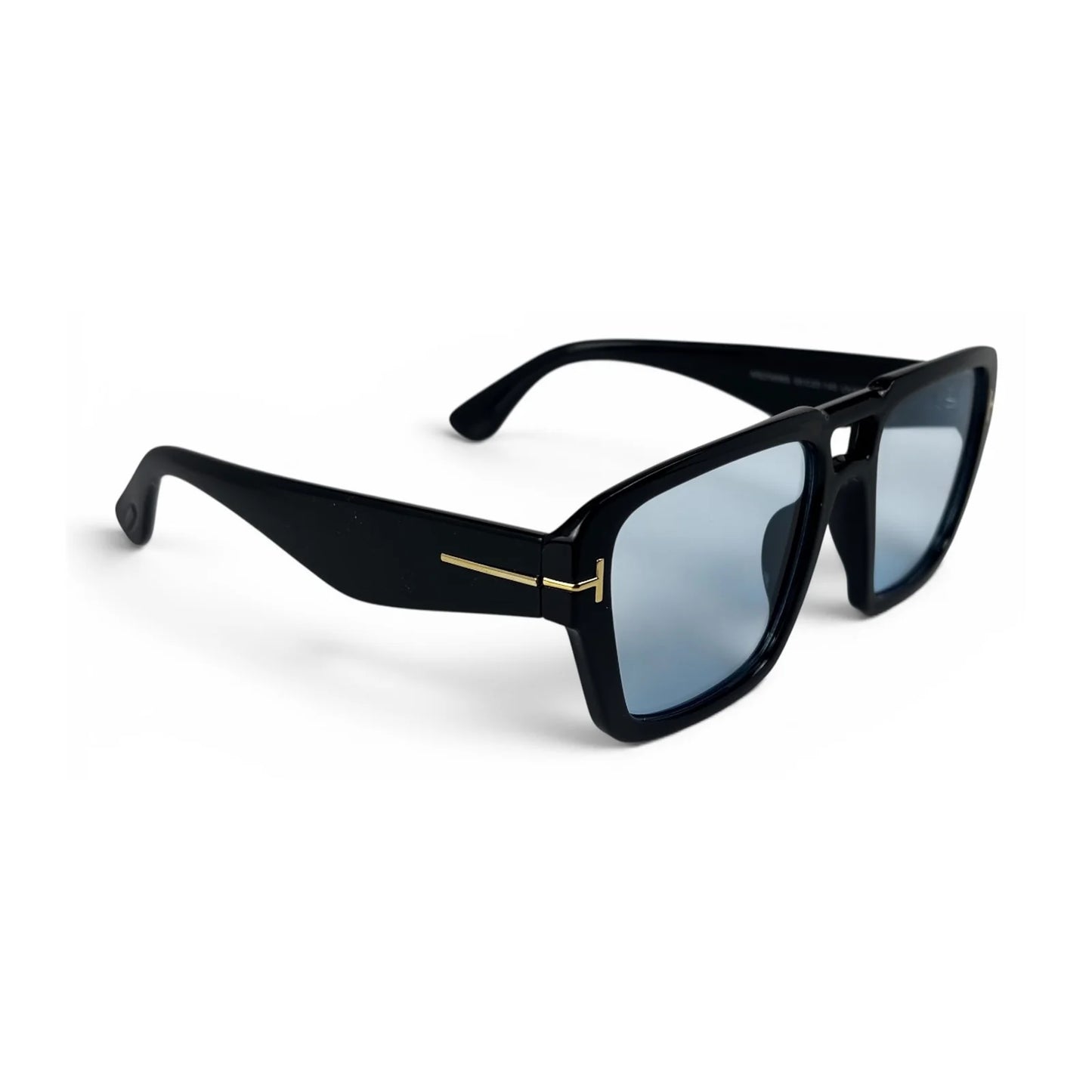 The Atlas bold square sunglasses in black with blue lenses, angled view