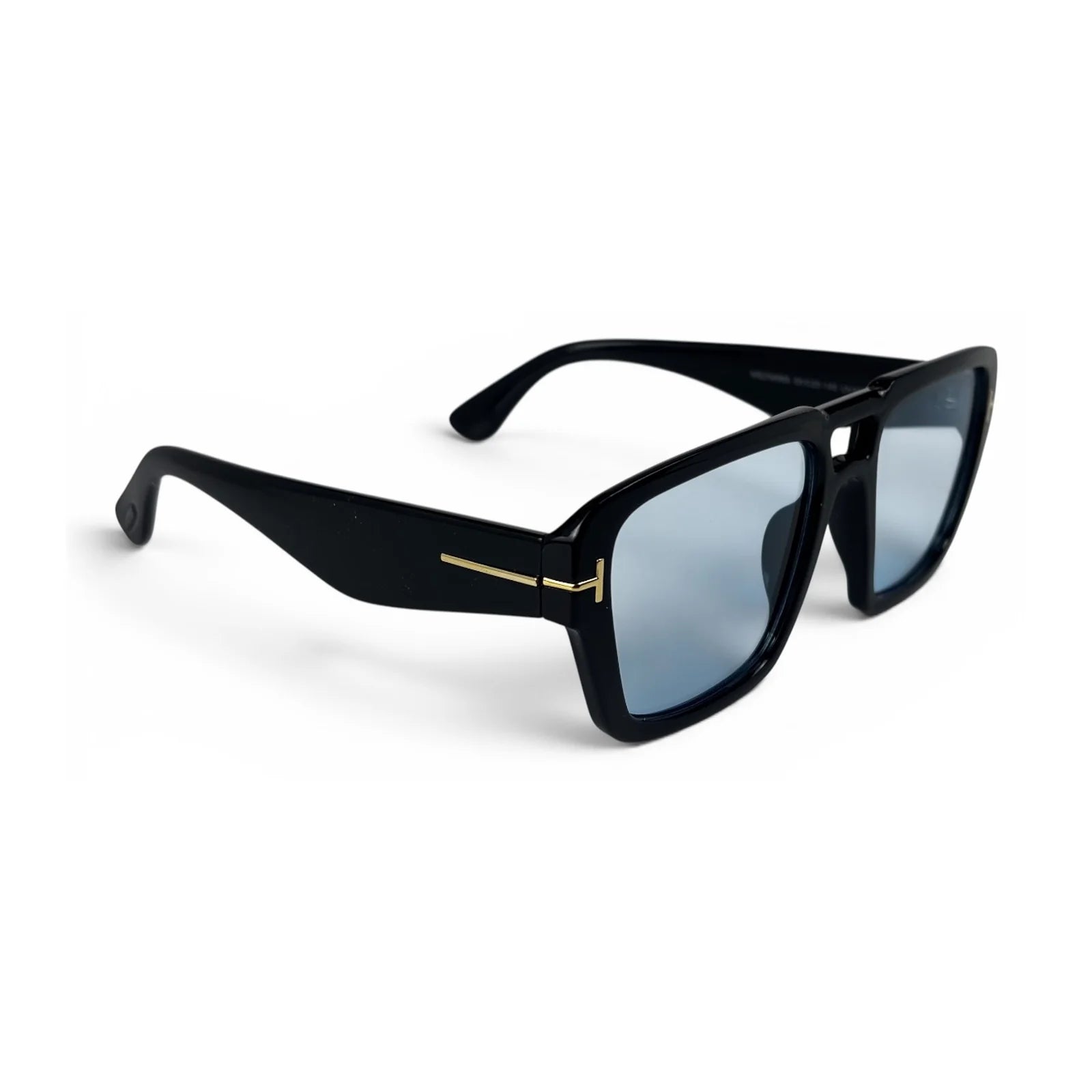 The Atlas bold square sunglasses in black with blue lenses, angled view