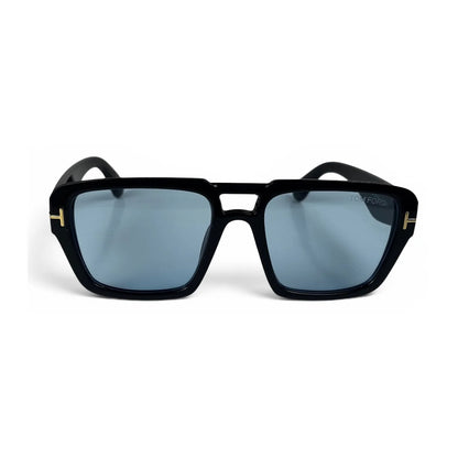 The Atlas bold square sunglasses in black with blue lenses, front view