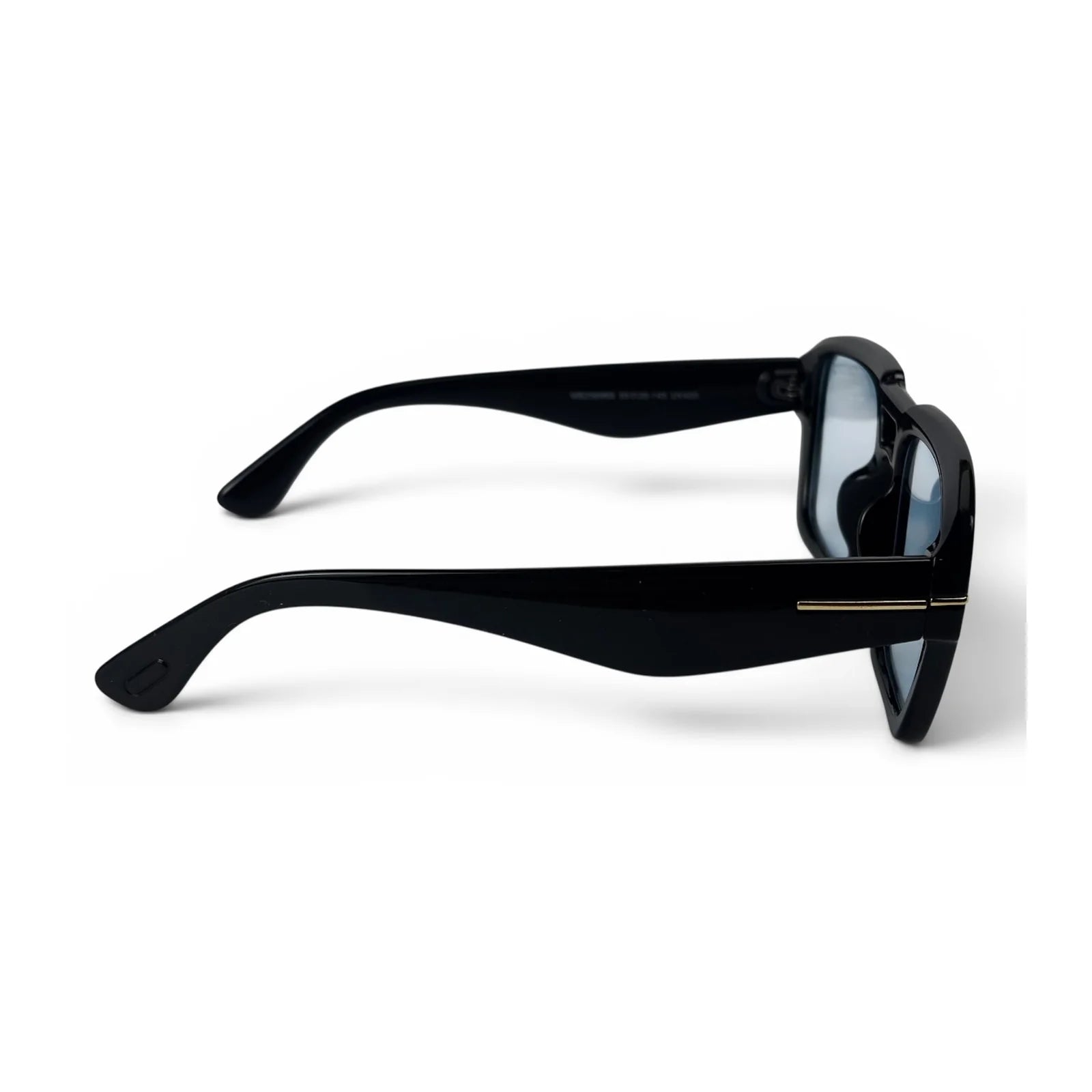 The Atlas bold square sunglasses in black with blue lenses, side view
