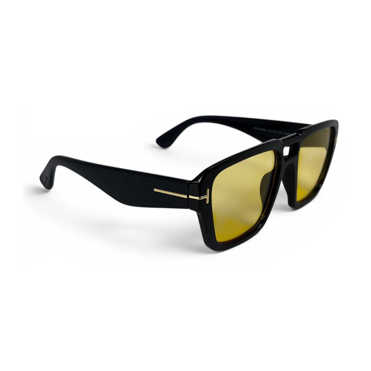 The Atlas bold square sunglasses in black with yellow lenses, angled view