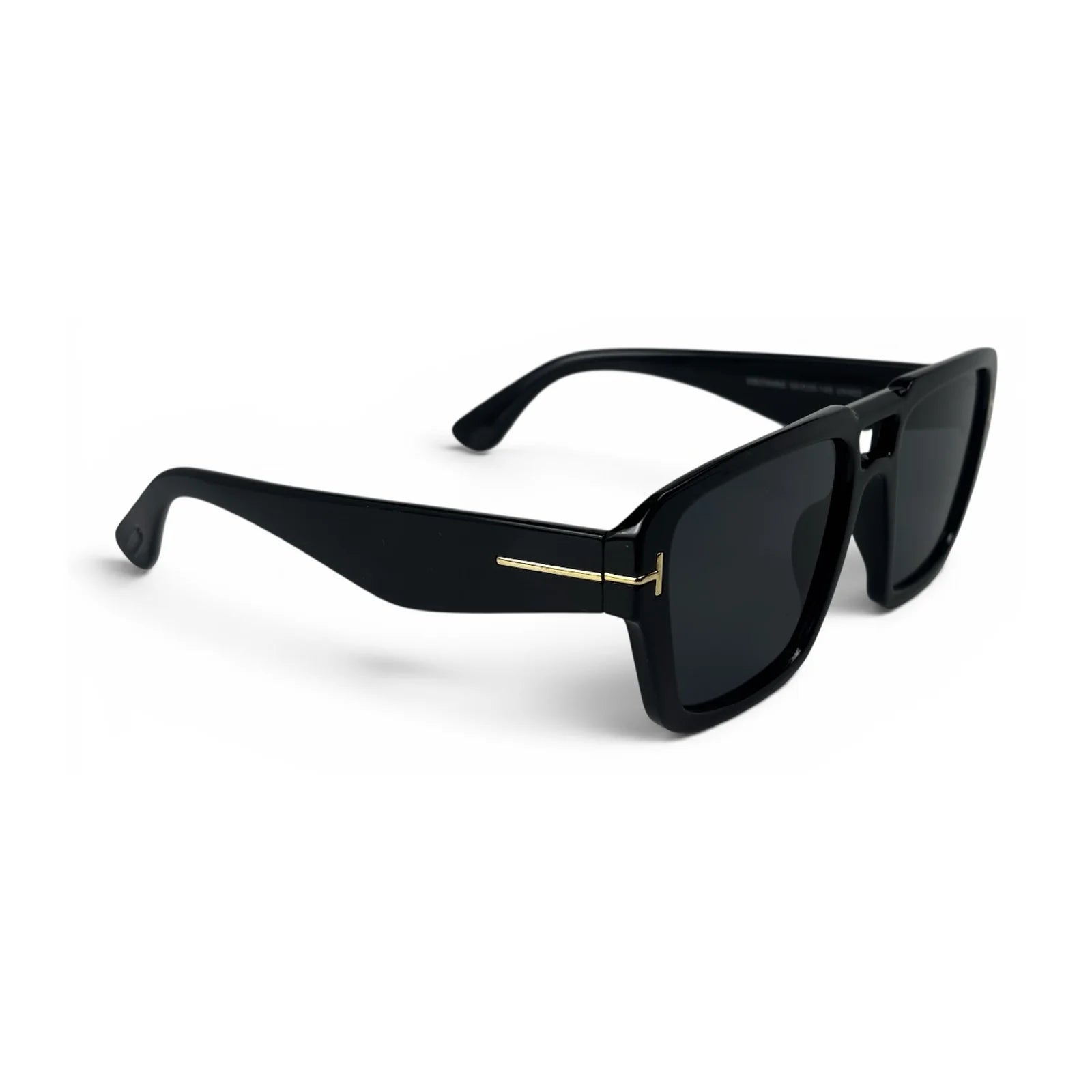 The Atlas bold square sunglasses in black with black lenses, angled view