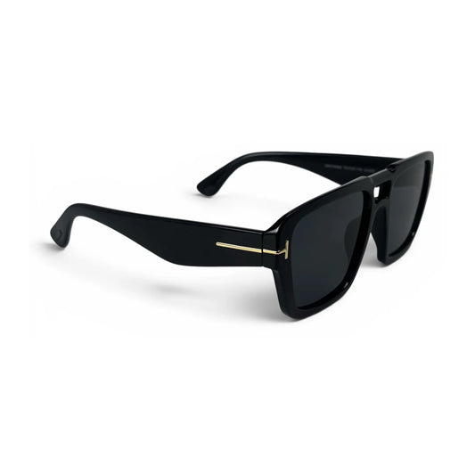 The Atlas bold square sunglasses in black with black lenses, angled view