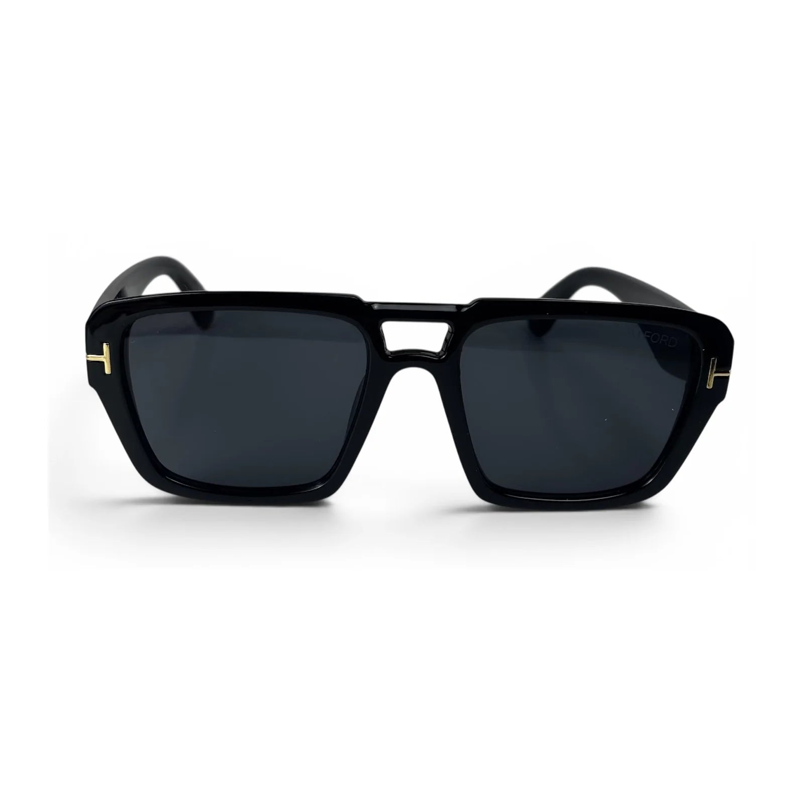 The Atlas bold square sunglasses in black with black lenses, front view