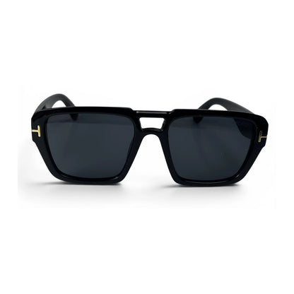 The Atlas bold square sunglasses in black with black lenses, front view