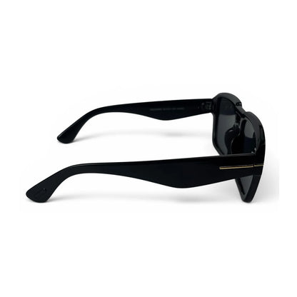 The Atlas bold square sunglasses in black with black lenses, side view