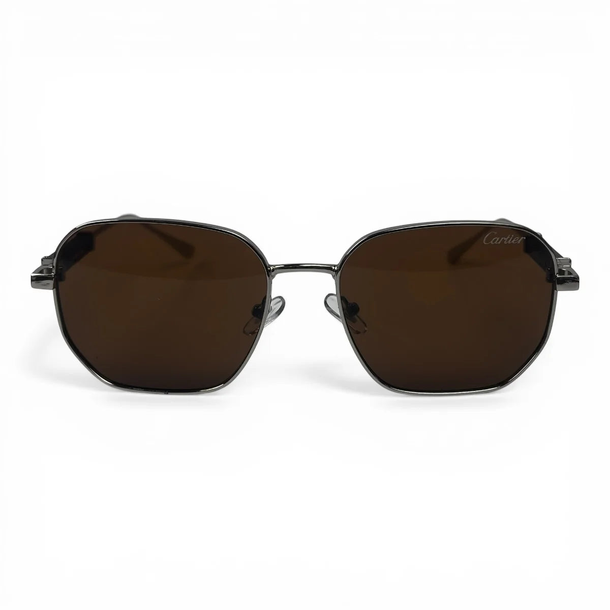 The Aurel geometric sunglasses in black and silver with brown lenses, front view