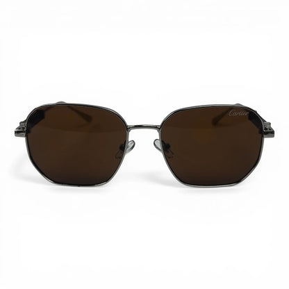 The Aurel geometric sunglasses in black and silver with brown lenses, front view