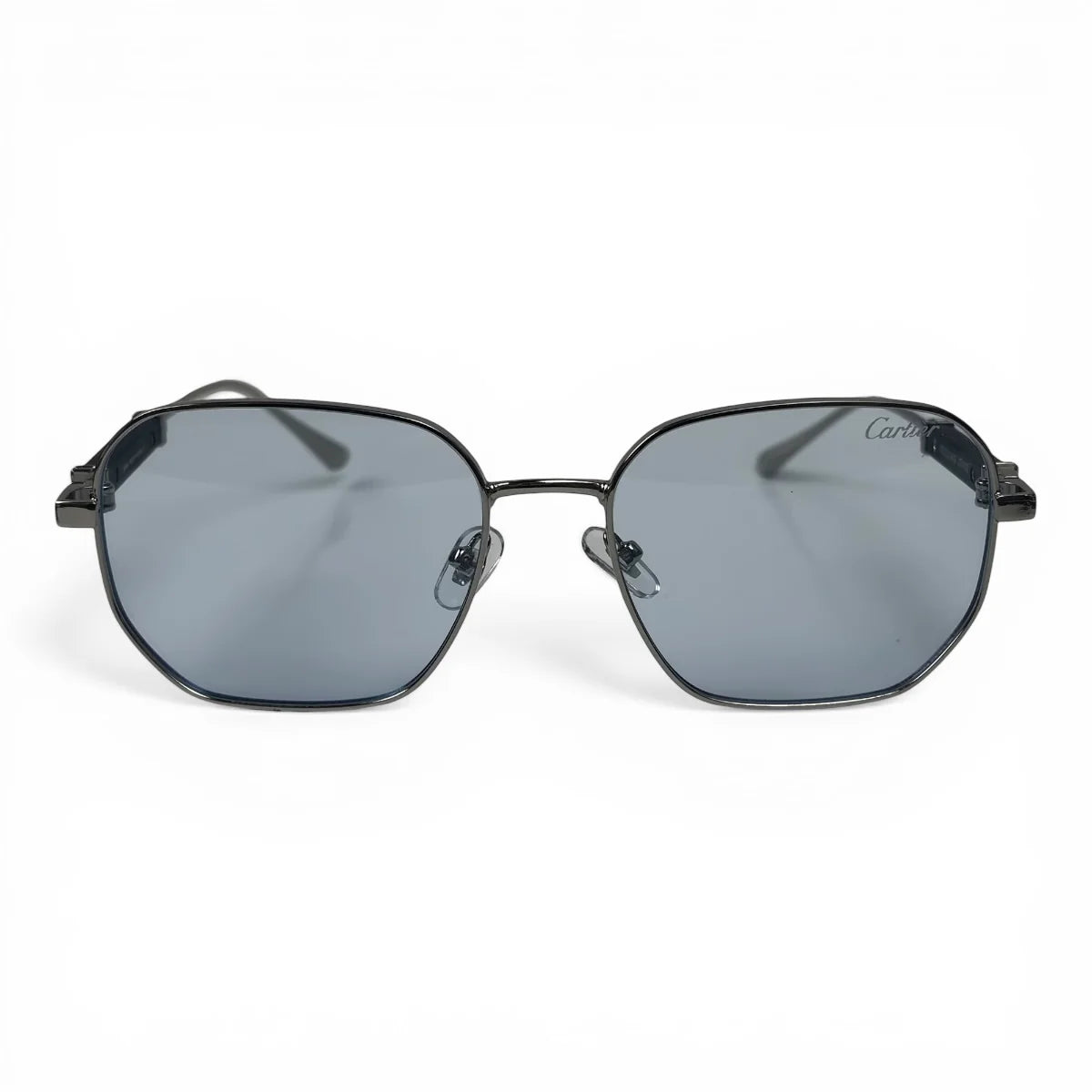 The Aurel geometric sunglasses in black and silver with light blue lenses, front view